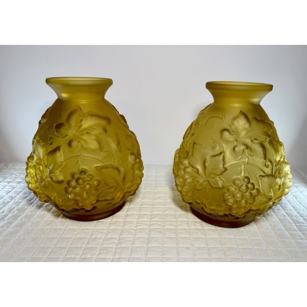 Etaleune Paris France Signed Satin Art Glass Grape Vine Vase Pair Antique - Picture 8 of 16